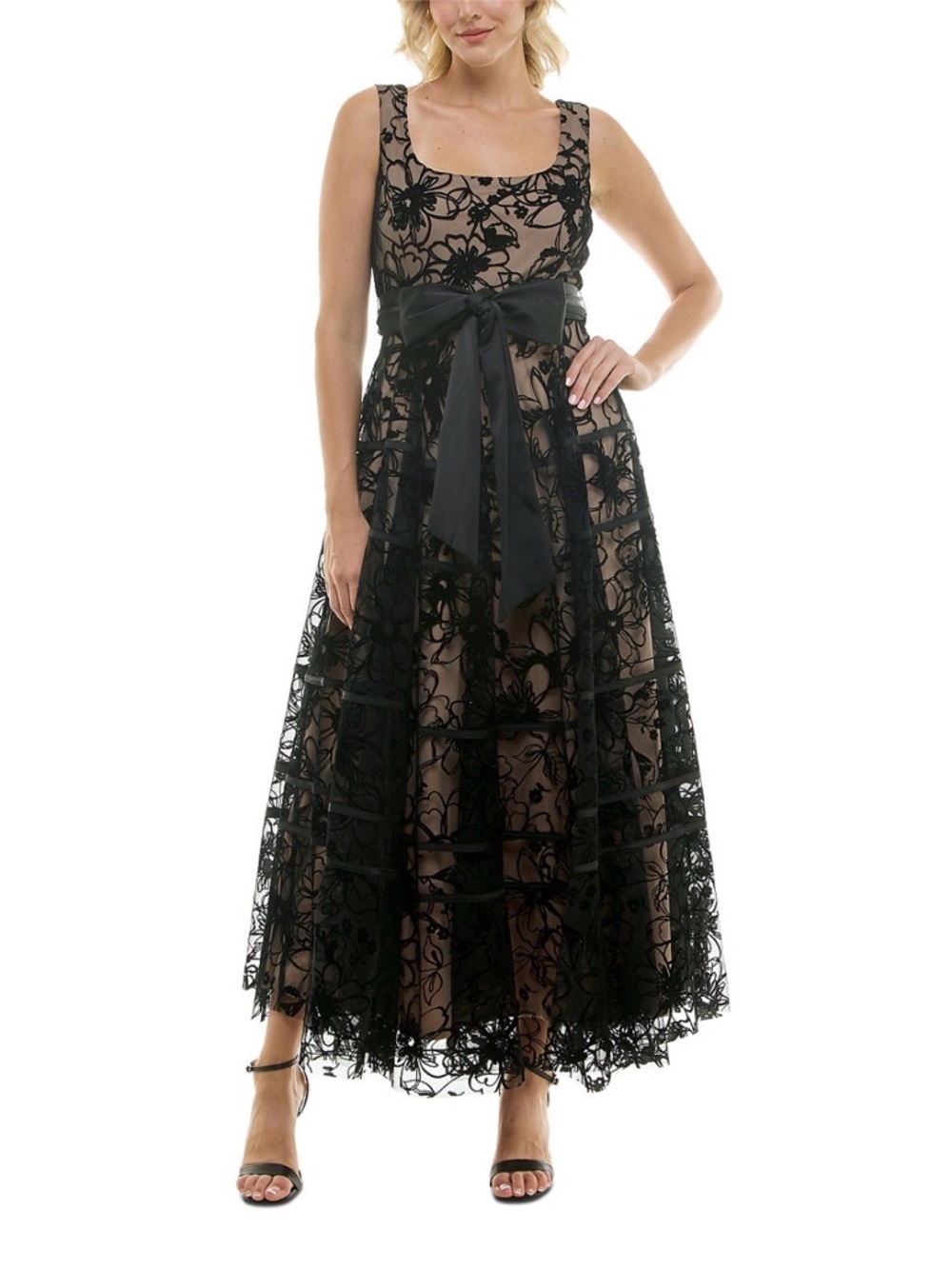 Taylor Black Floral Lace Maxi Dress with Nude Lining and Satin Waist Bow